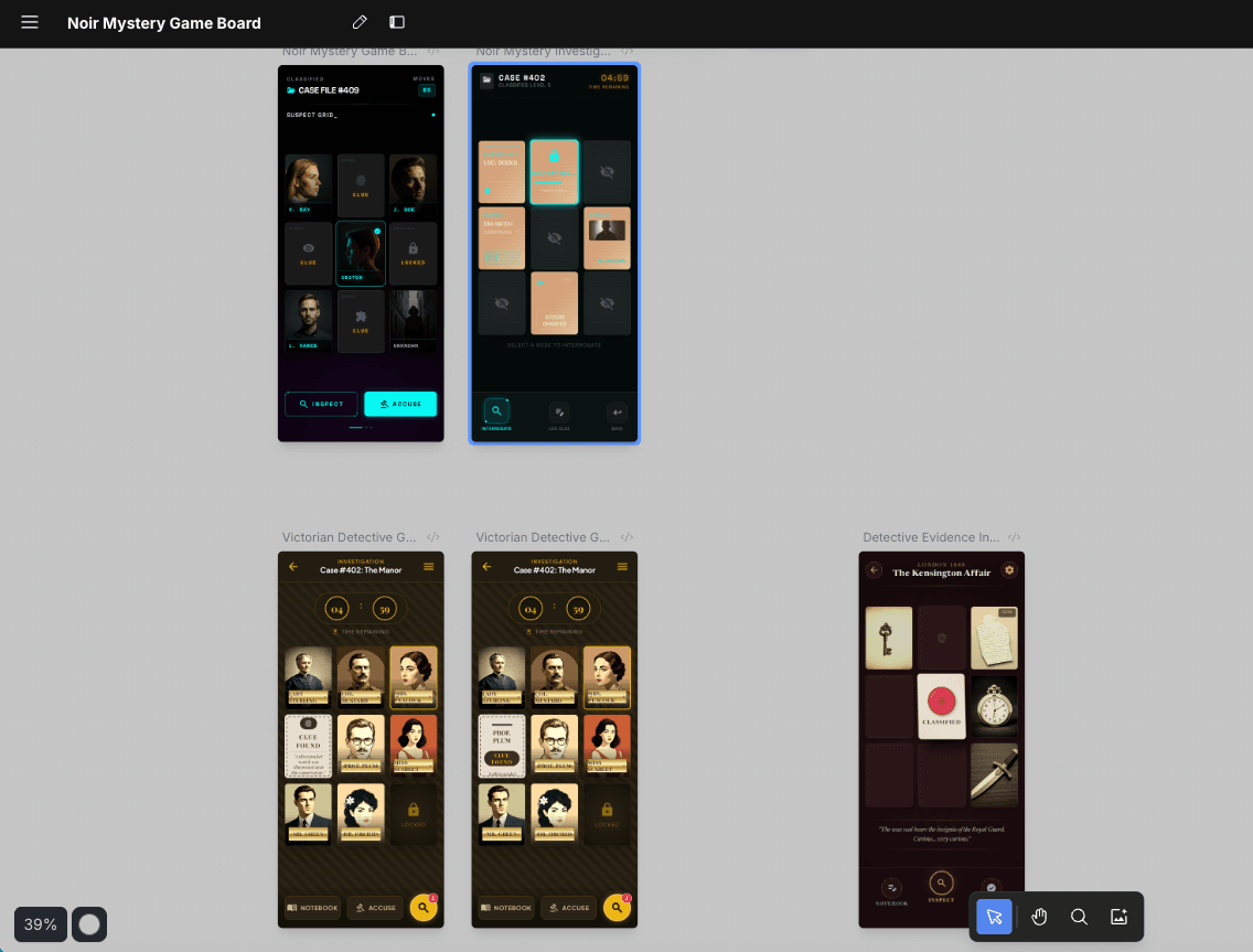 Stitch generated game UI attempts - various styles